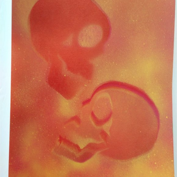 Abstract Floating Skulls Art 15x11 Yellow Orange Hand Crafted - Picture 15 of 16